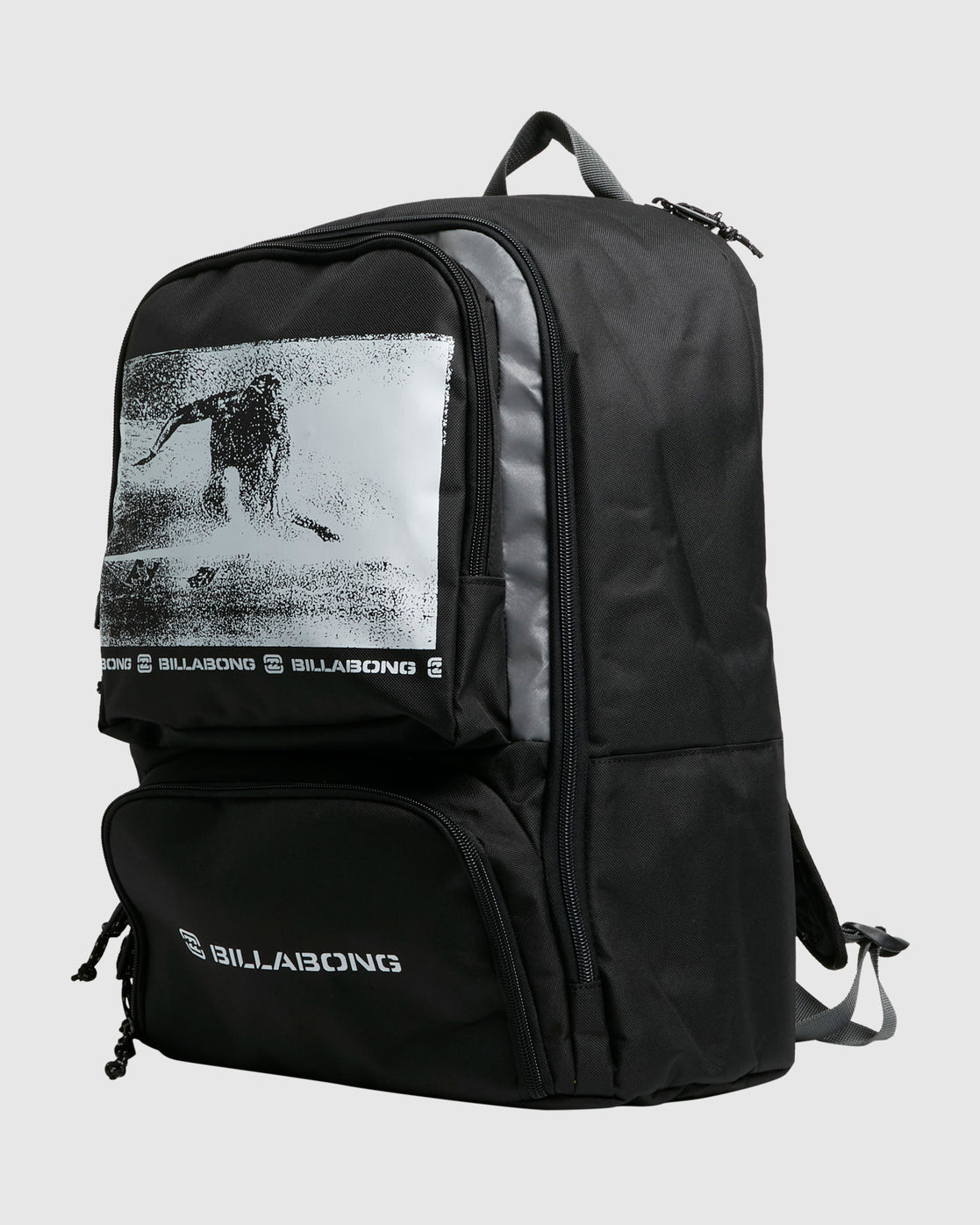 Billabong Juggernaught 30 Litre Backpack in black with white print from side