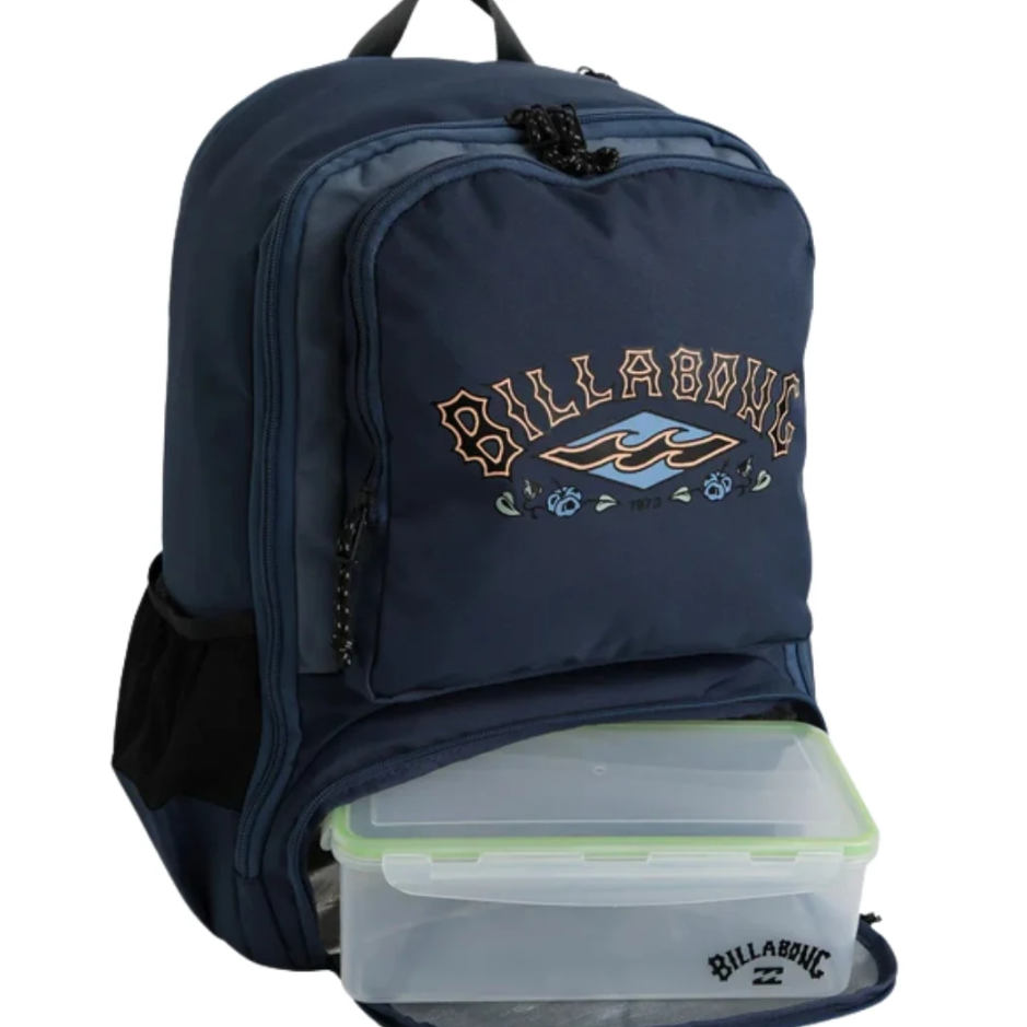 Billabong Juggernaught 30 Litre Backpack in dark denim colourway with pocket open showing the lunch box