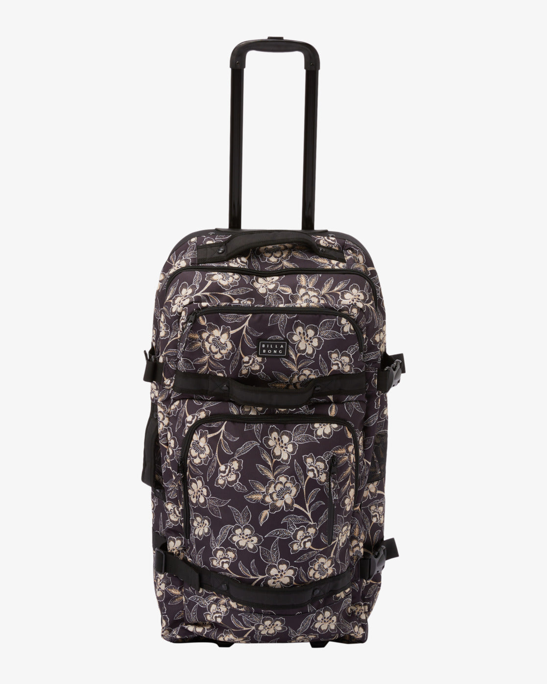 Billabong Keep It Rollin Travel Bag in black with white floral patterns