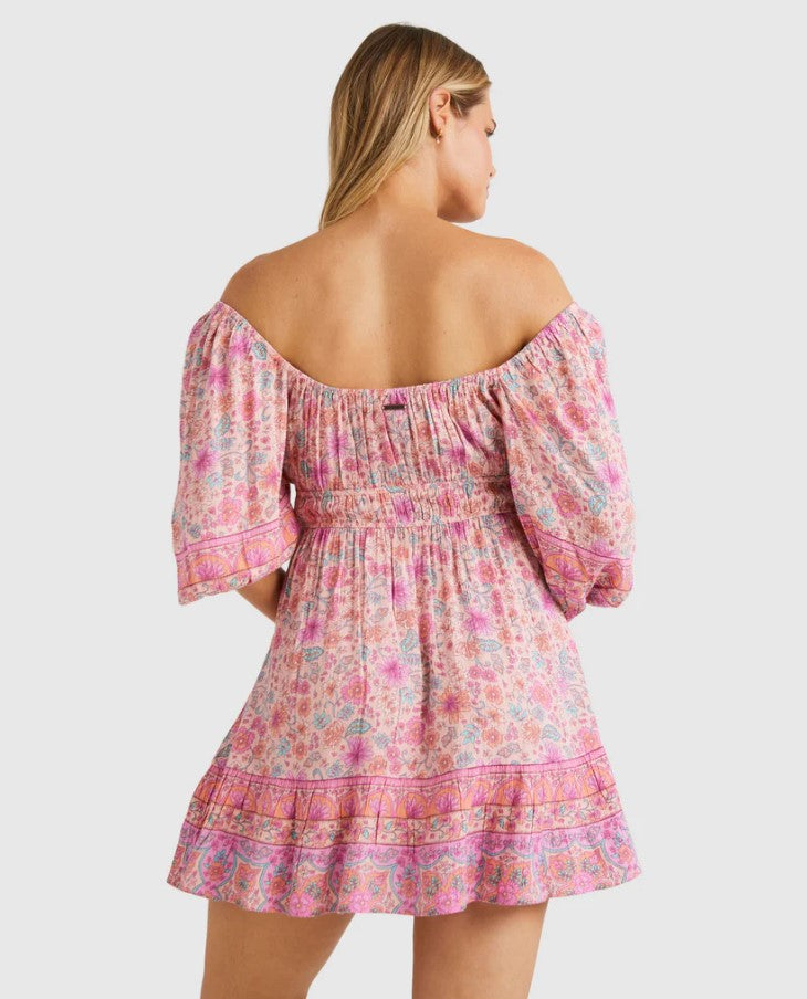 Billabong La Plage Mini Dress in pink on model from rear