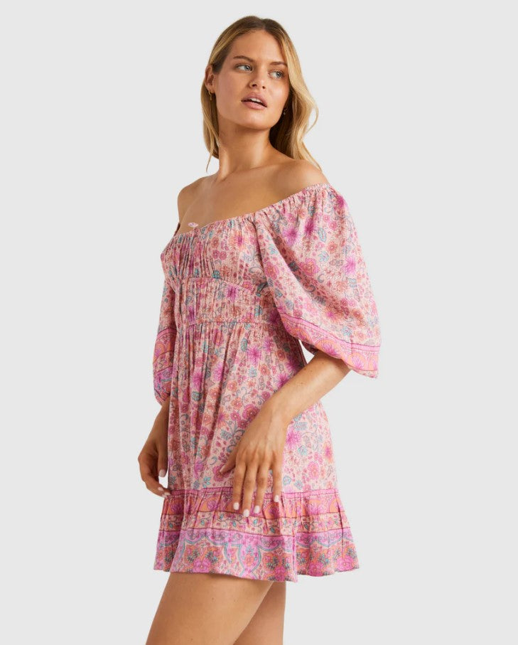 Billabong La Plage Mini Dress in pink on model from side