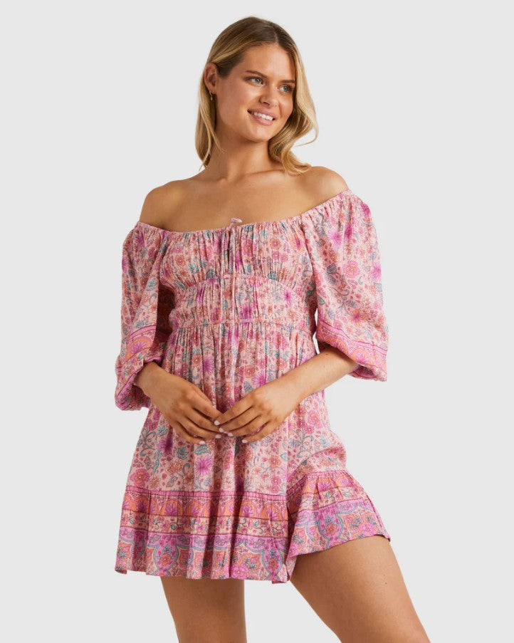 Billabong La Plage Mini Dress in pink muli from front on model