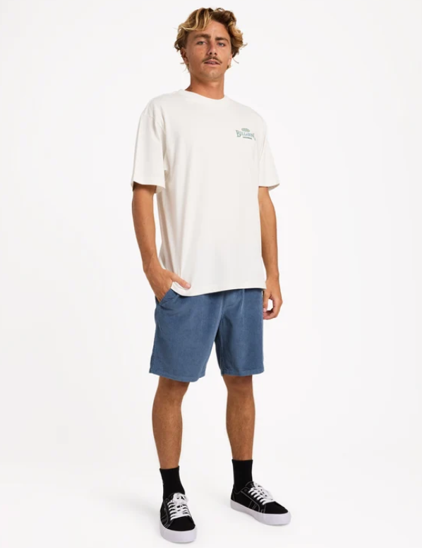 Billabong Larry Cord 19" Walkshorts in china blue on model in white billabong tee