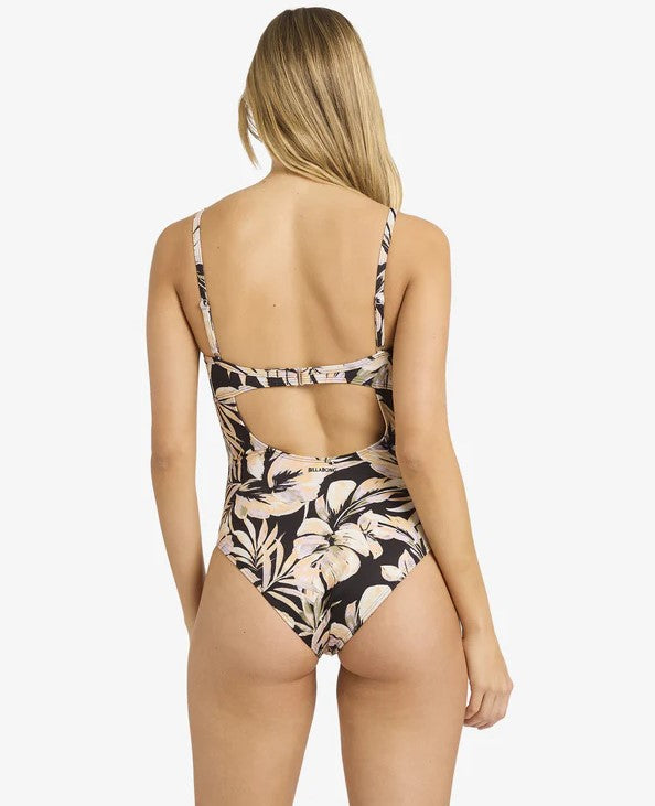 Billabong Drifting Coast Mia DD Onepiece Swimwear in black based floral on blonde model from the rear