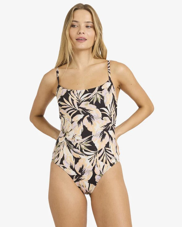 Billabong Drifting Coast Mia DD Onepiece Swimwear in black based floral on blonde model from the front