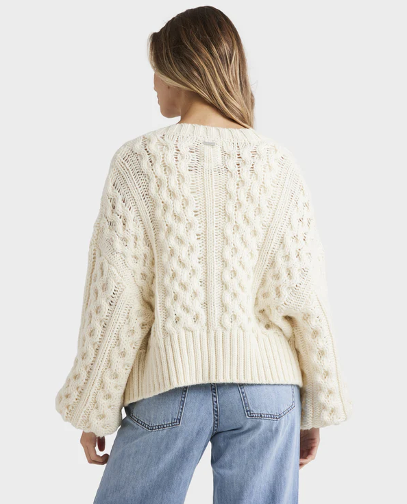 Billabong Montana Women's Cardigan in salt crystal colourway on model in blue jean and white tank from rear