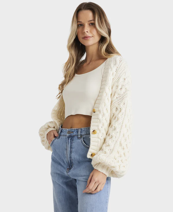 Billabong Montana Women's Cardigan in salt crystal colourway on model in blue jean and white tank from front/side