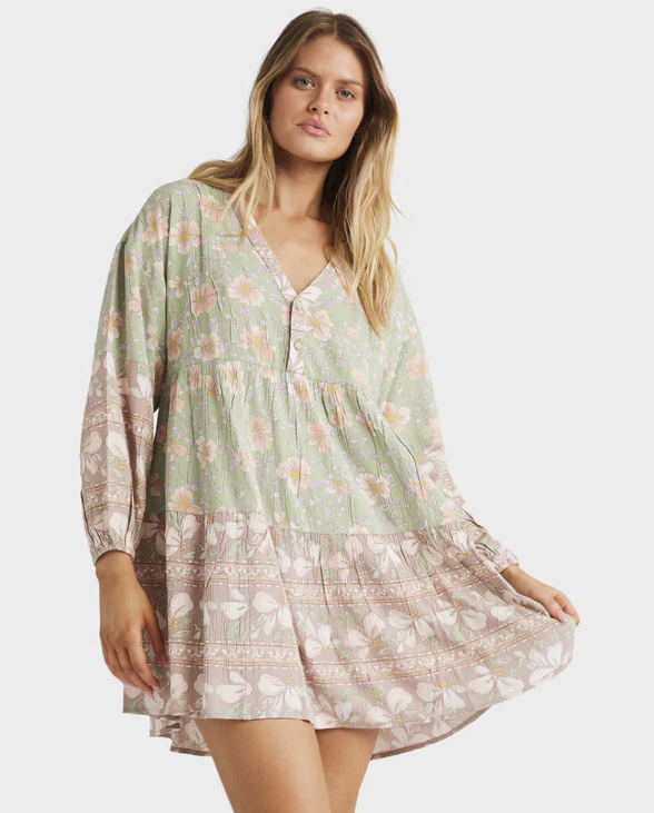 Billabong More To Sea La Mer Dress in pistachio colourway on model from front