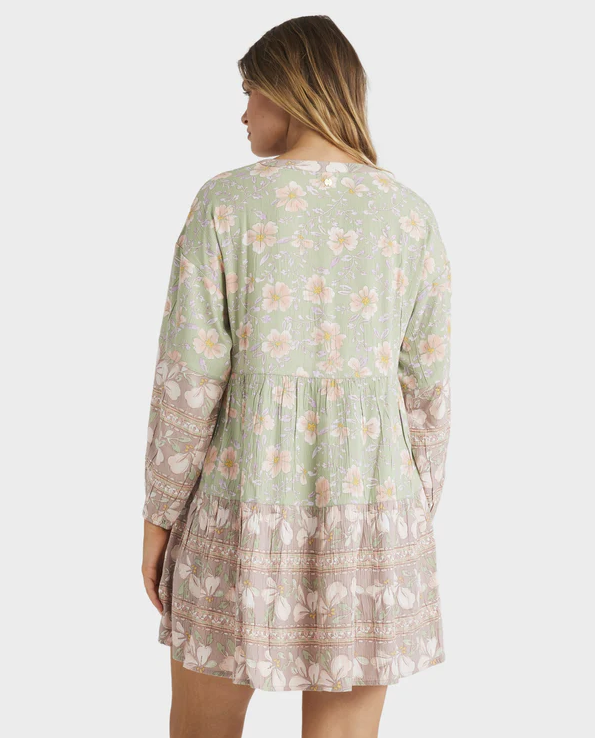 Billabong More To Sea La Mer Dress in pistachio colourway on model  from rear