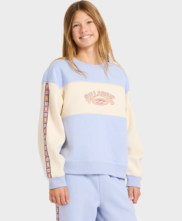 Billabong Old Dayz Girl's Crew in twilight blue with off white on young model from the front close up
