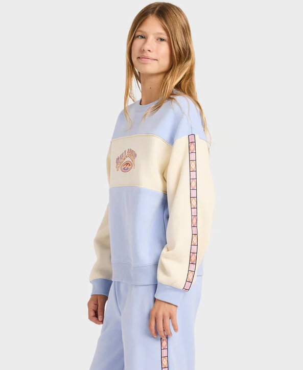 Billabong Old Dayz Girl's Crew in twilight blue with off white on young model from the side close up
