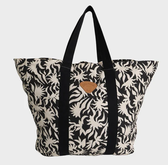 Billabong Poppins Playa Tote Bag in black and white floral print from front