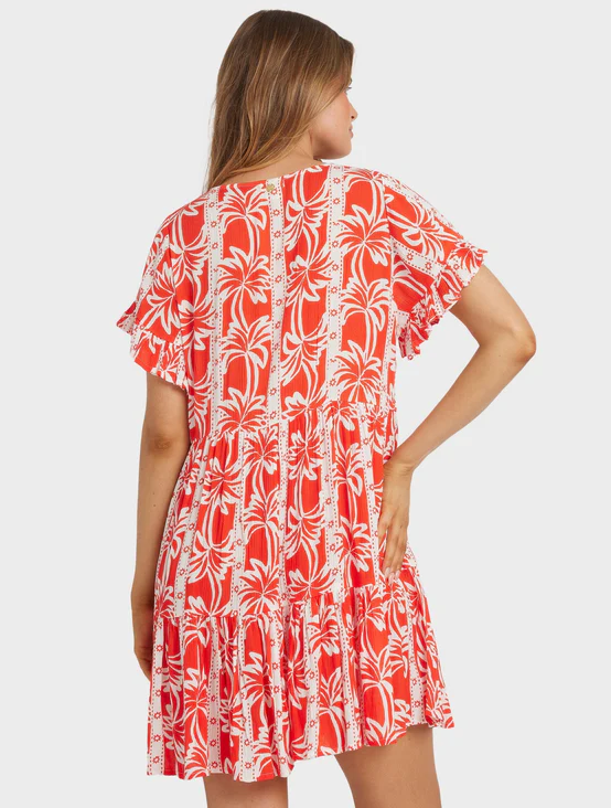 Billabong Row Of Palms Tiered Dress in red aloha colourway on model from rear