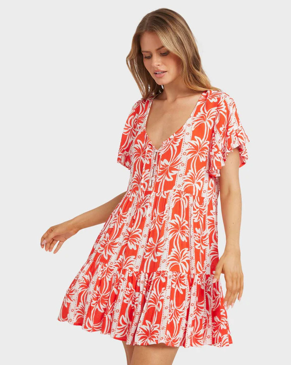 Billabong Row Of Palms Tiered Dress in red aloha colourway on model from front 