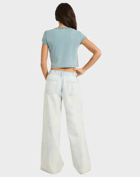 Billabong Jade Saltwashed Elastic Pants in blue mist on model in light blue tee from rear