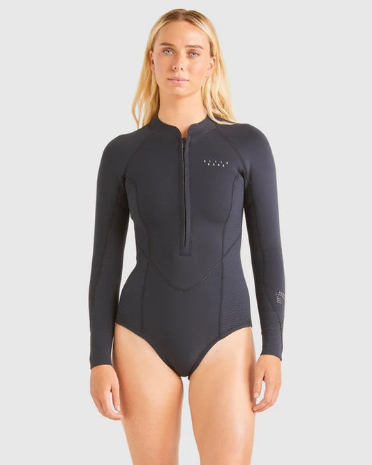 Billabong Salty Dayz 2mm Long Sleeve Womens Wetsuit in black on blonde model from front