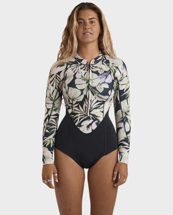 Billabong Salty Dayz Natural 2mm L/S Spring womens Wetsuit in black and floral on model from front