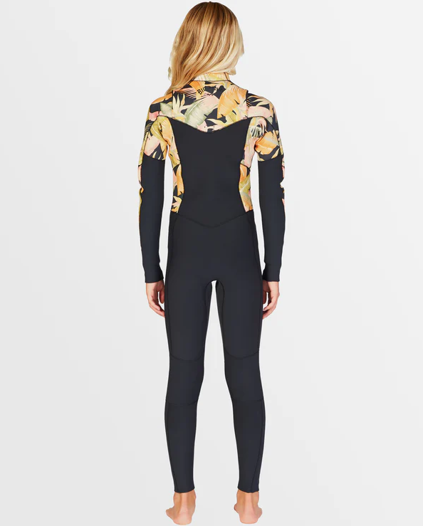 Billabong Teen Salty Dayz 3/2mm CZ GBS Girl's Wetsuit in black wirth jungle night yardage print on arms and side on model from rear