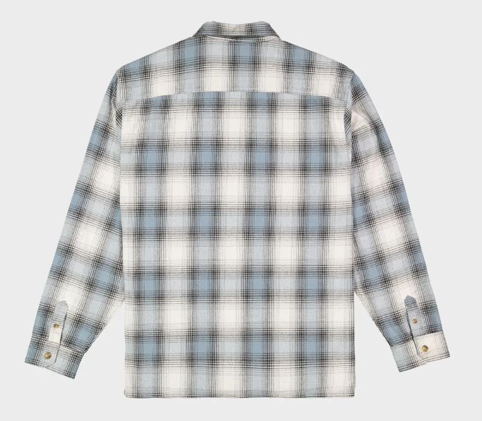 Billabong Script Flannel Men's Long Sleeve Shirt in washed blue and white check from rear