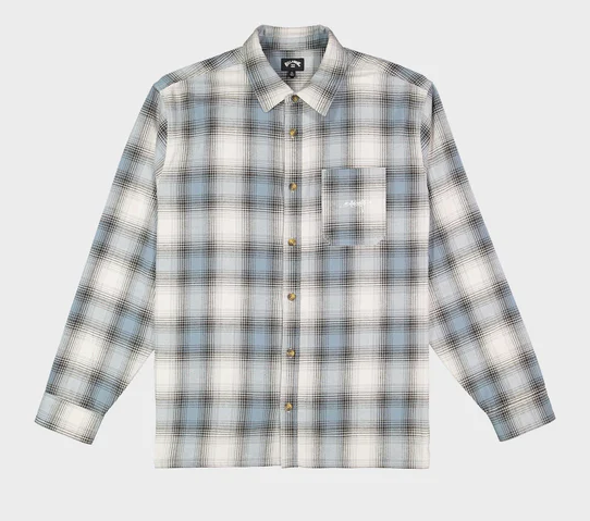 Billabong Script Flannel Men's Long Sleeve Shirt in washed blue and white check from front