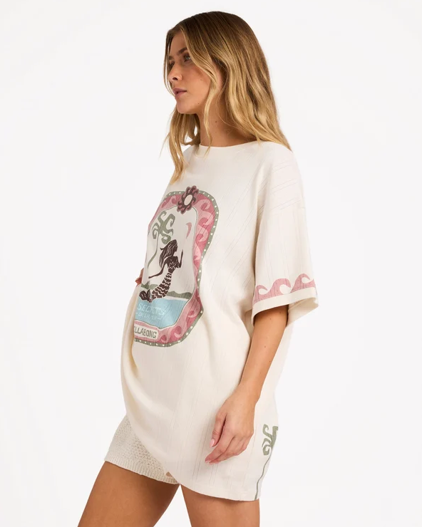 Billabong Secret Beach Women's Oversized T-Shirt in salt crystal colourway on model from side