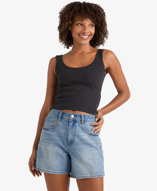 Billabong Shifter 5" Womens Denim Shorts in shaded wash blue on model from front