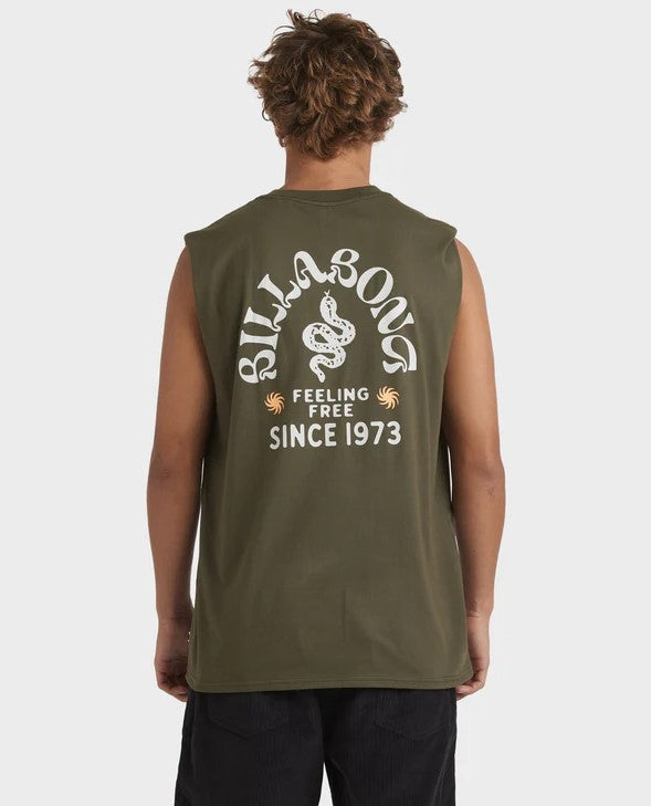 Billabong Snakey Arch Muscle Tee in dark military colourway on model from rear