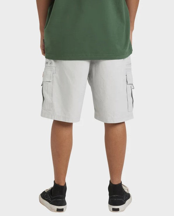 Billabong Spec 73 22" Cargo Shorts in silver colourway on model in green tee from rear