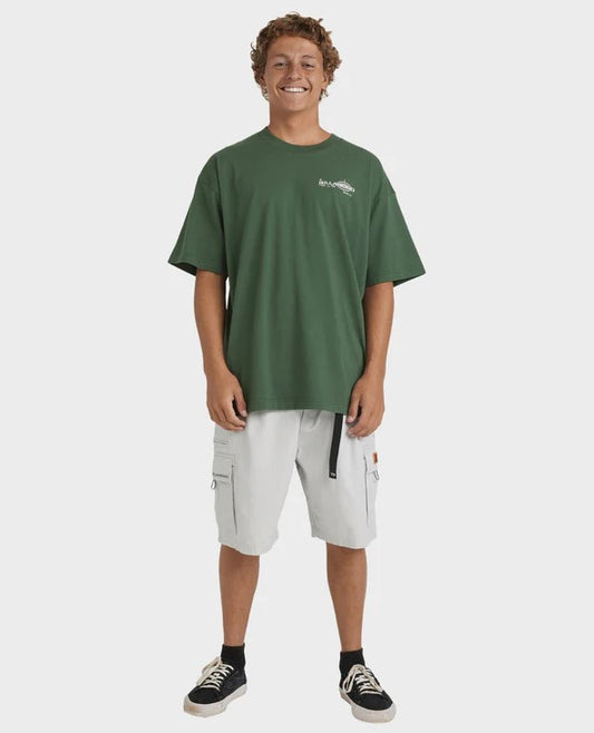 Billabong Spec 73 22" Cargo Shorts in silver colourway on model in green tee from front