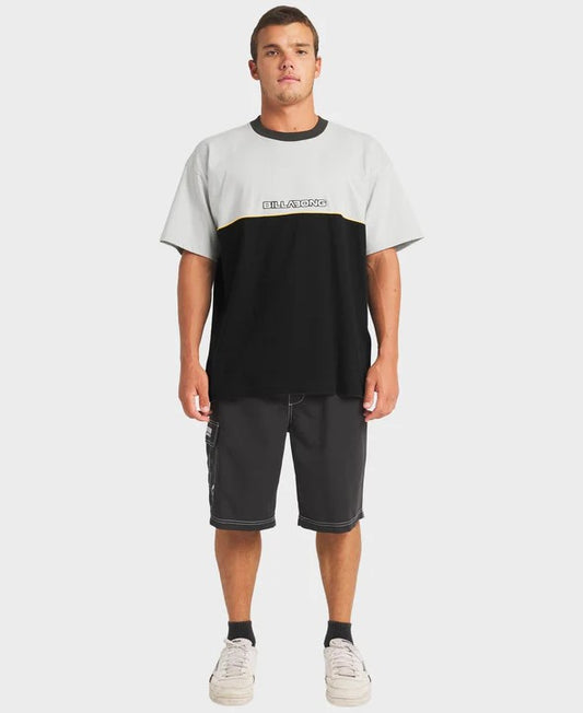 Billabong Spec Legacy OG T-Shirt  in silver and black on male in charcoal boardshorts from front