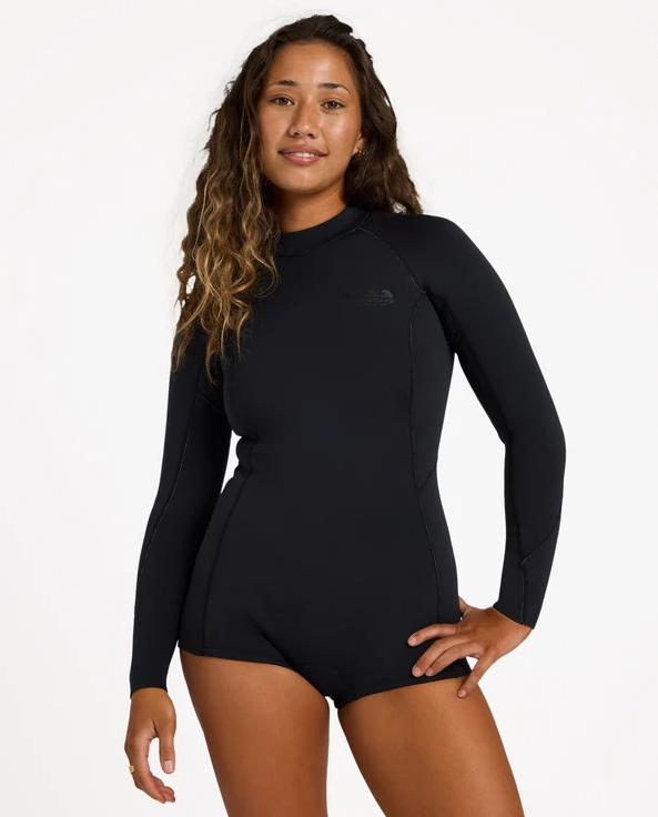 Billabong Spring Fever 2mm Long Sleeve Wetsuit in black pebble colourway on model from the front close up