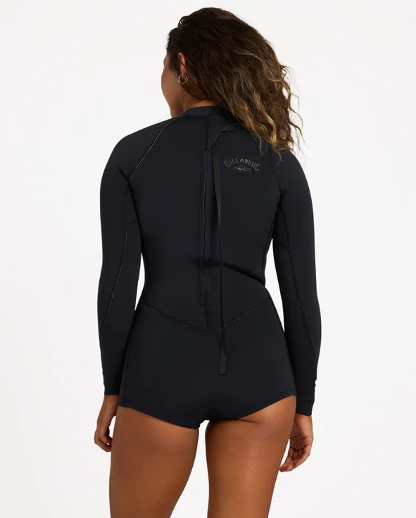 Billabong Spring Fever 2mm Long Sleeve Wetsuit in black pebble colourway on model from the rear