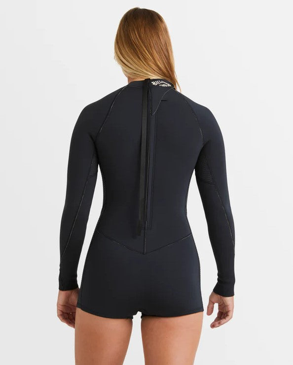 Billabong Spring Fever 2mm Natural Long sleeve Spring Wetsuit in black from rear on blonde model