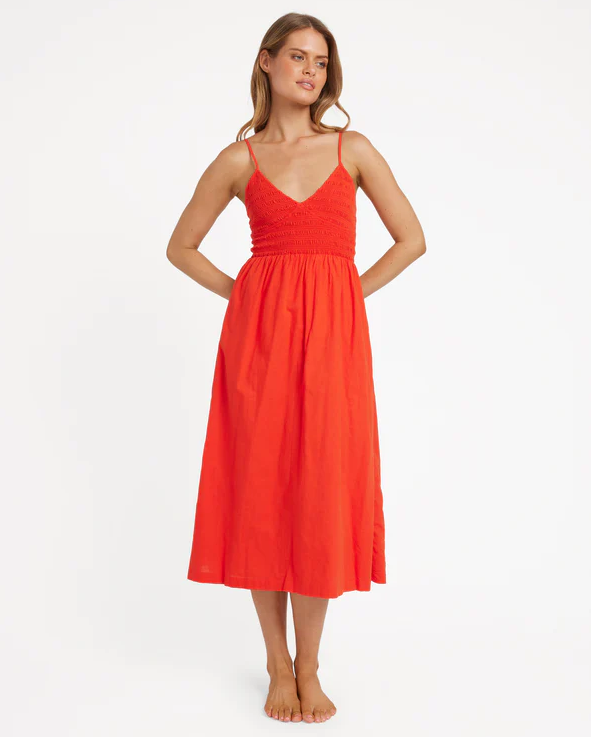 Billabong Such A Trip Dress in red aloha on model from front