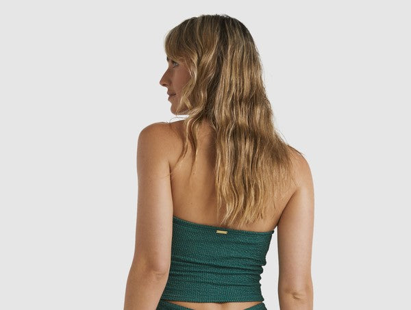 Billabong Summer High Bondi Pant and Bandeau Tank Bikini top on blonde model in jewel green from back