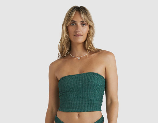 Billabong Summer High Bondi Pant and Bandeau Tank Bikini top on blonde model in jewel green