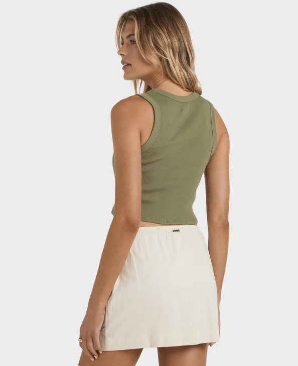 Billabong Summer Love Womens Tank Top in luv army colourway on blonde model from rear