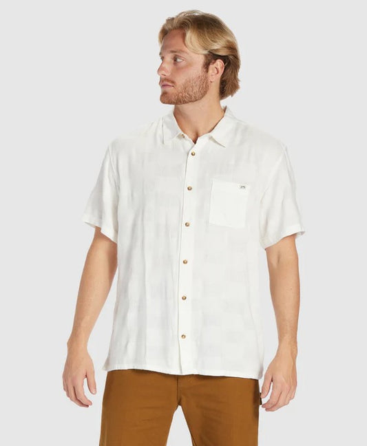 Billabong Sundays Jacquard Short Sleeve Shirt  in off white on model in tan pants