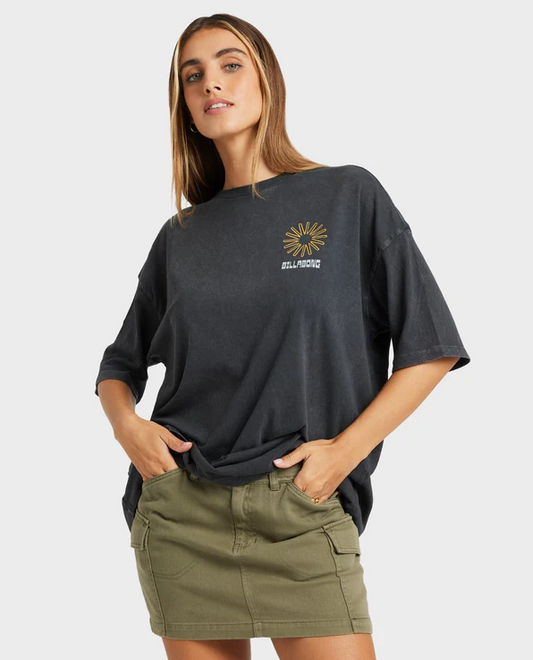 Billabong Sunshine Chaser Womens Tee in off black on model wearing olive coloured skirt from front