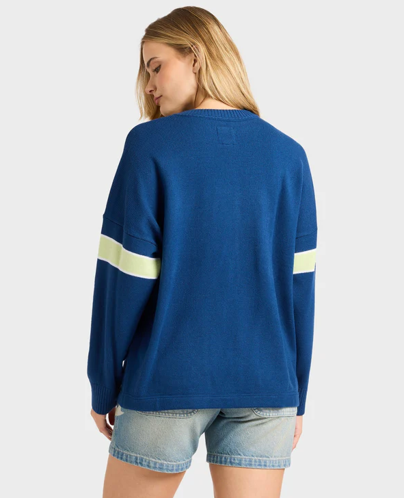 Billabong Supalove Women's Knit Sweater in ink colourway from rear on blonde model