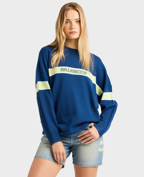 Billabong Supalove Women's Knit Sweater in ink colourway from front on blonde model