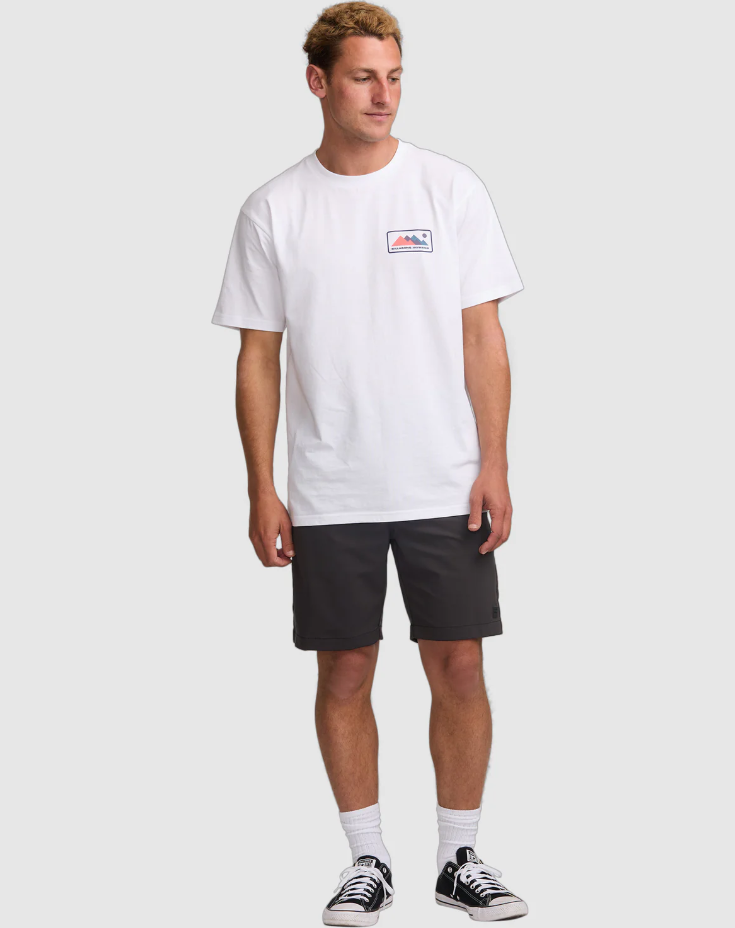 Billabong Surftrek Journey Hybrid Shorts in black on model in white tee from front