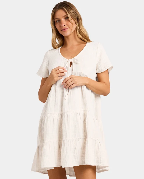 Billabong Sutton Dress in salt crystal colourway on model from front close up