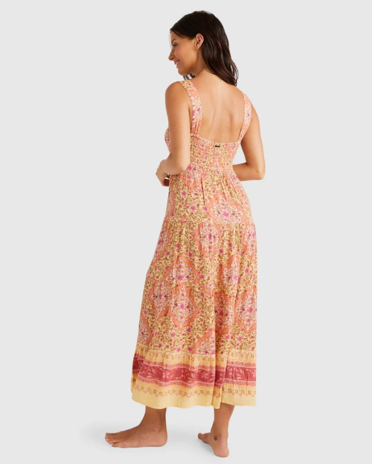 BIllabong Sweet Mystic Shine Midi Dress in colour pale yellow back veiw on model