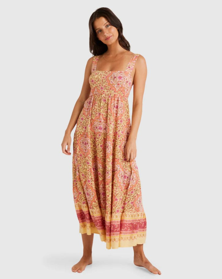 BIllabong Sweet Mystic Shine Midi Dress in colour pale yellow front veiw on model