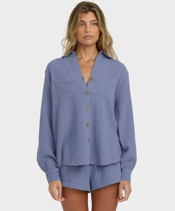 Billabong Sweet Swell long sleeve womens long sleeve shirt stone blue from front