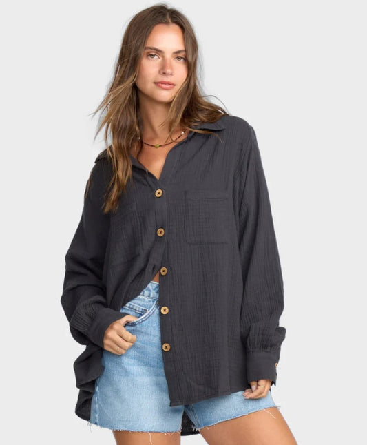 Billabong Swell Blouse  in washed black from front on model