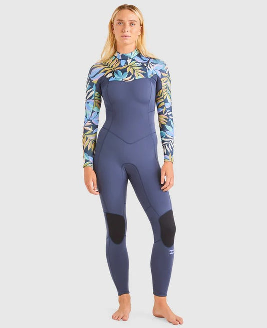 Billabong Womens Synergy 3/2mm Chest Zip GBS Wetsuit in indigo ocean colourway from front