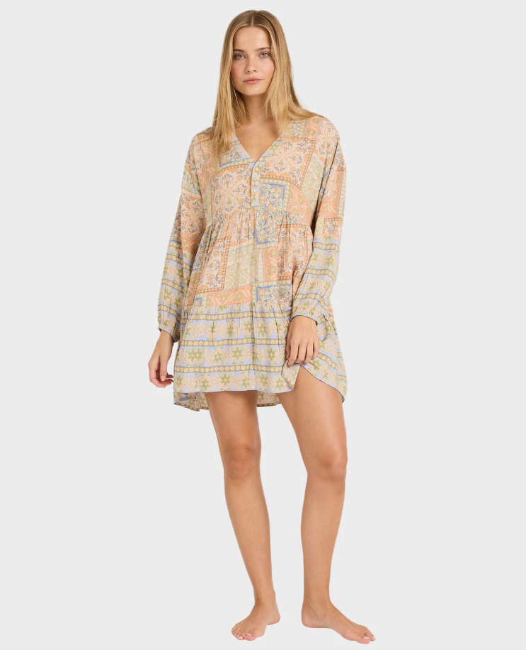 Billabong Take It Back La Mer Dress in twilight blue floral colourway from front