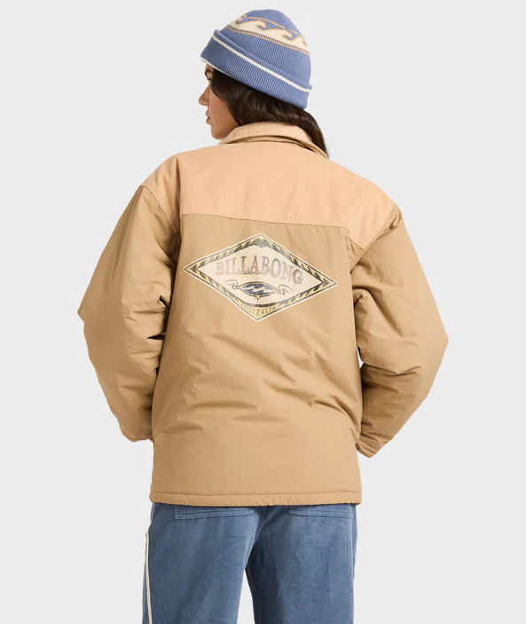 Billabong The Original Vibes 2 Jacket in cement colourway on model from rear showing large back Billabong logo
